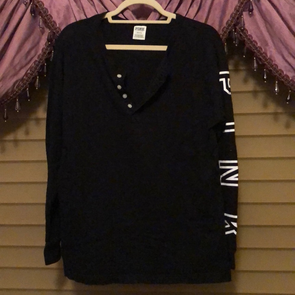 PINK love sleeved black Henley top